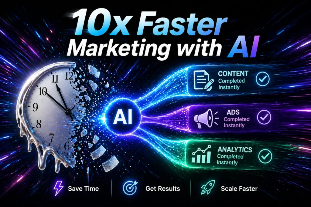 AI-powered marketing illustration showing a melting clock transforming into fast-moving data streams completing content, ads, and analytics instantly