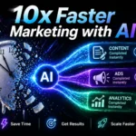 AI-powered marketing illustration showing a melting clock transforming into fast-moving data streams completing content, ads, and analytics instantly