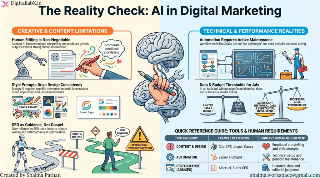 Infographic showing key limitations of AI tools in digital marketing, including lack of human creativity, data dependency, generic outputs, automation risks, and limited emotional understanding.