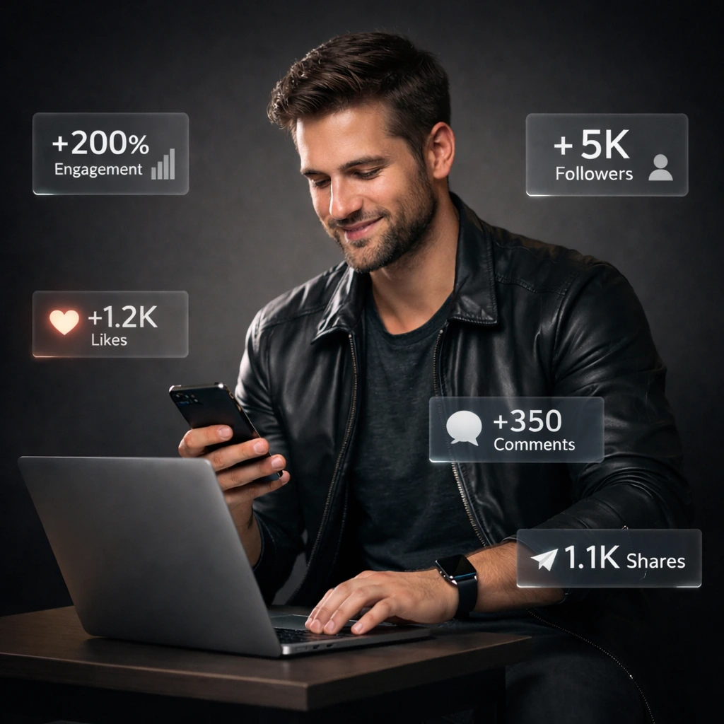 Young entrepreneur using laptop and smartphone with social media growth metrics like engagement, followers, likes, comments, and shares displayed around him.