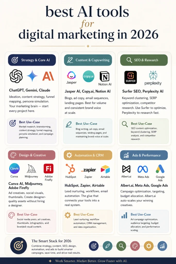 Infographic showing the best AI tools for digital marketing in 2026, including ChatGPT, Gemini, Claude, Jasper AI, Copy.ai, Notion AI, Surfer SEO, Perplexity AI, Canva, Midjourney, Adobe Firefly, HubSpot, Zapier, Airtable, Albert.ai, Meta Ads, and Google Ads categorized by use cases.