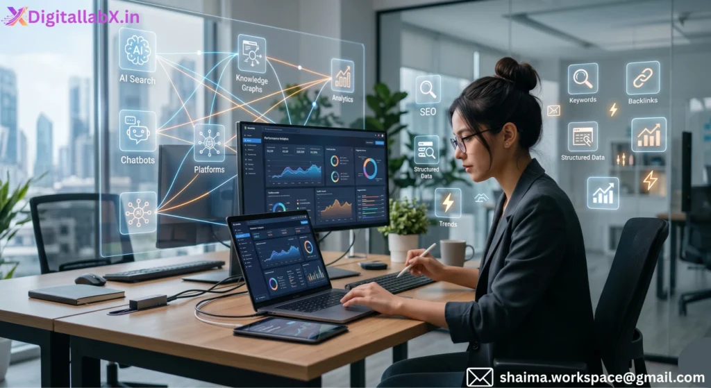 Digital marketer analyzing AI-generated search results and SEO analytics on a laptop in a futuristic workspace with connected AI platforms and data visualization