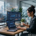 Digital marketer analyzing AI-generated search results and SEO analytics on a laptop in a futuristic workspace with connected AI platforms and data visualization