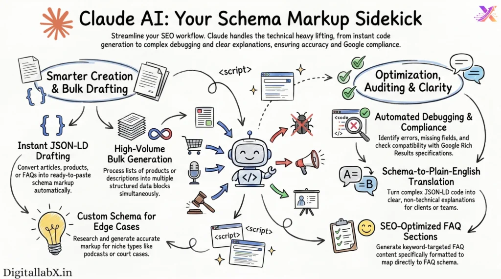 Professional white-background infographic explaining how Claude AI helps automate schema markup tasks for SEO, including JSON-LD generation, schema debugging, bulk schema creation, FAQ schema writing, custom schema creation, schema translation, and Google Rich Results compatibility checks.