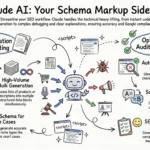 Professional white-background infographic explaining how Claude AI helps automate schema markup tasks for SEO, including JSON-LD generation, schema debugging, bulk schema creation, FAQ schema writing, custom schema creation, schema translation, and Google Rich Results compatibility checks.