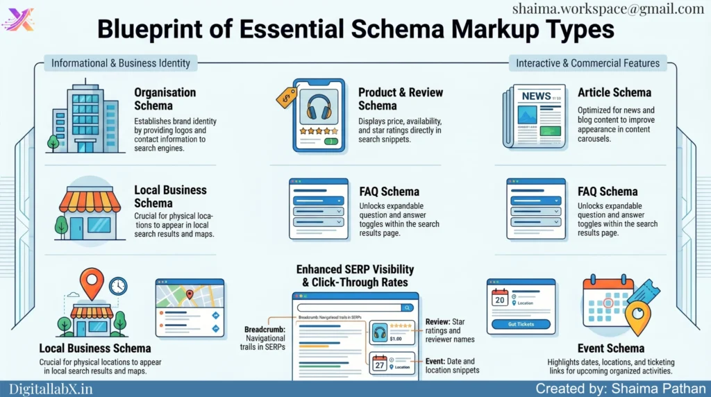 Infographic showing essential types of schema markup including Article Schema, FAQ Schema, Product Schema, Local Business Schema, Breadcrumb Schema, Review Schema, Event Schema, and Organization Schema with icons and brief explanations.