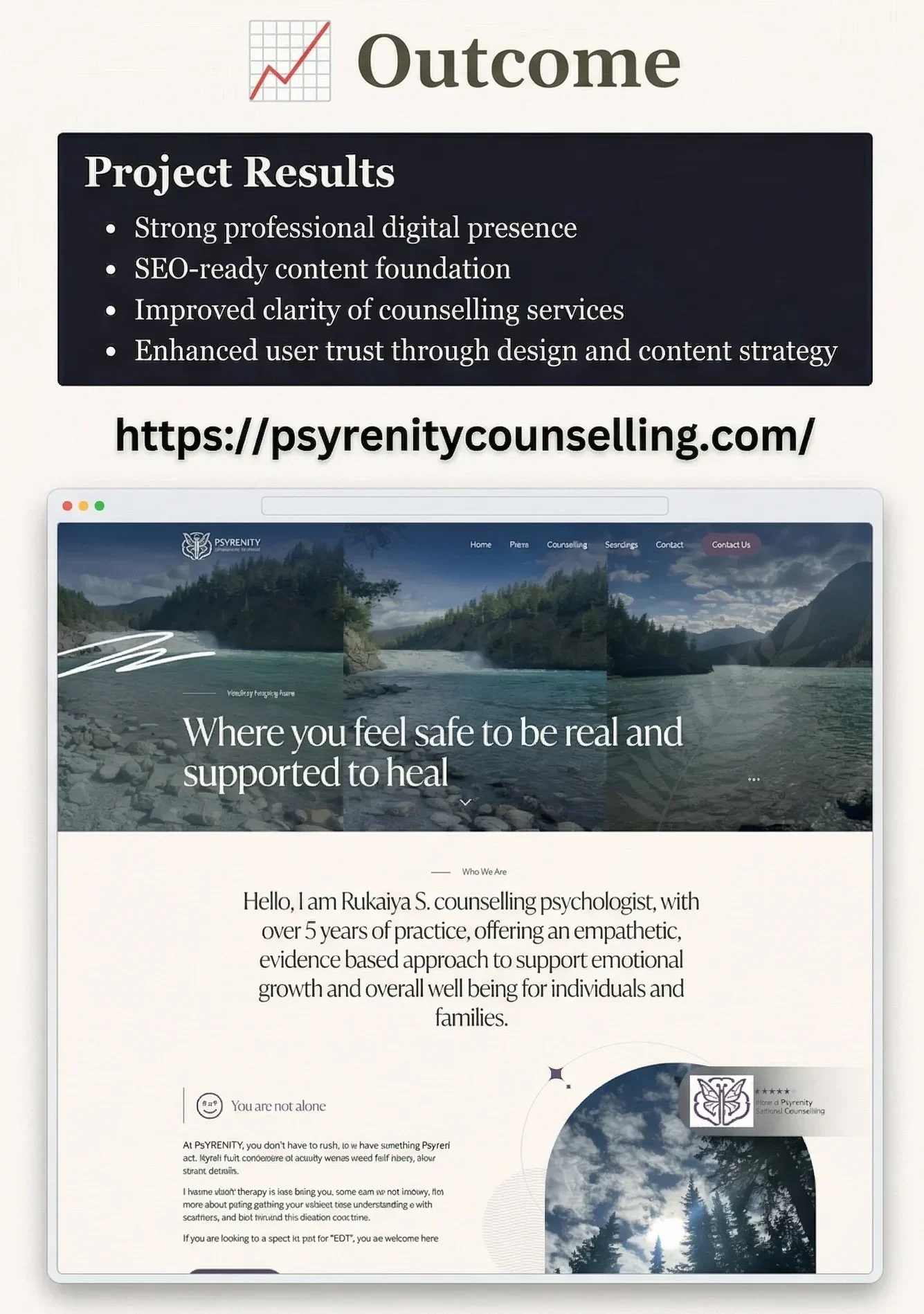 Outcome section showing project results for a counselling website with highlights like SEO-ready content, improved clarity, and enhanced user trust, along with a website preview.