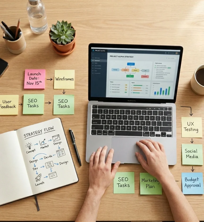Person working on a laptop at a desk with sticky notes, planner, and organized strategy workflow